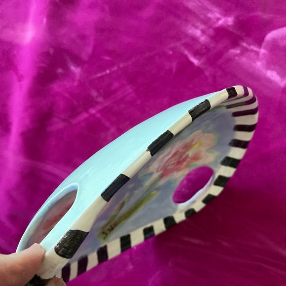 Handmade Ceramic Pink Flowers Design Tray w/ Handles 11”x9.5” Original - Picture 8 of 14